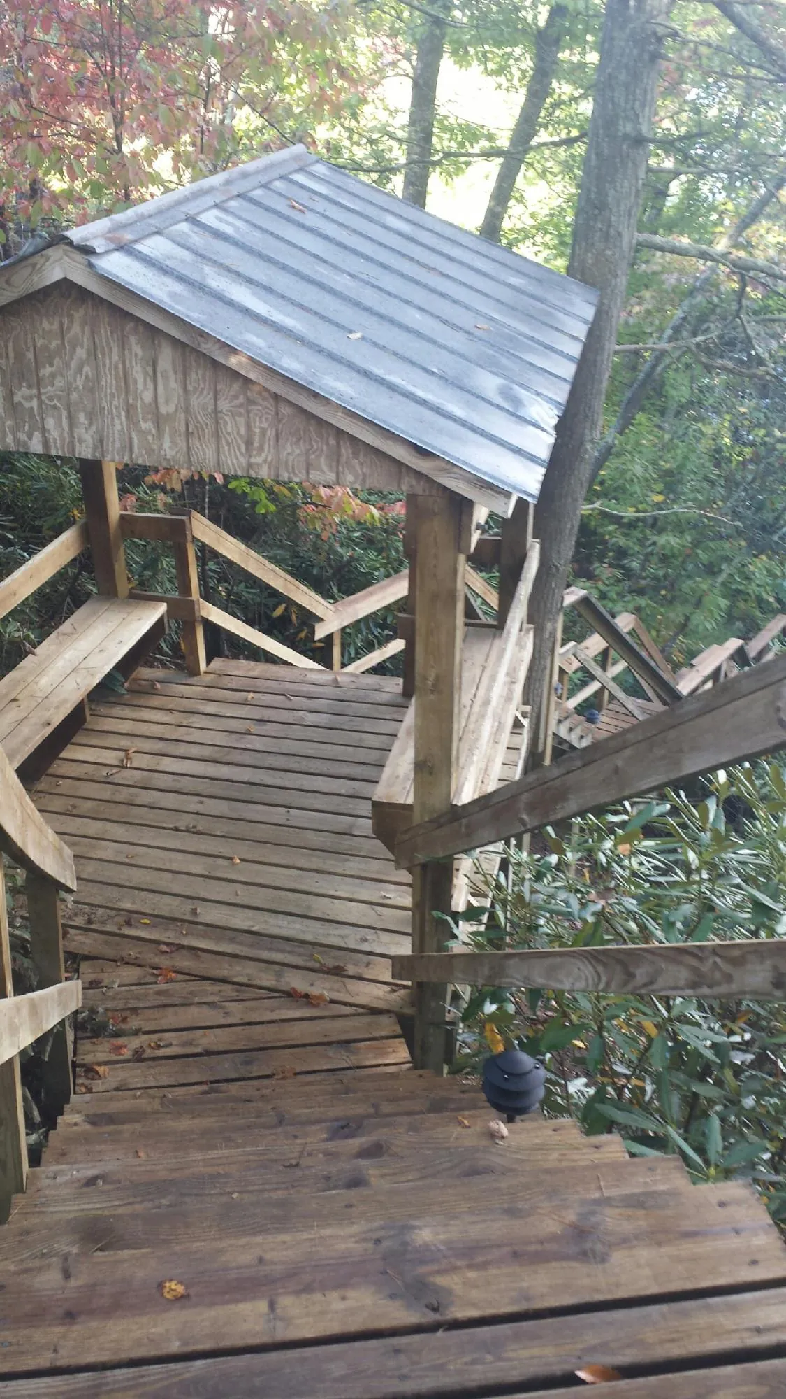 Metal roofed shelter over wooden steps on a wooded walkway — Skylight Repair & Installation work by our crew in Los Molinos